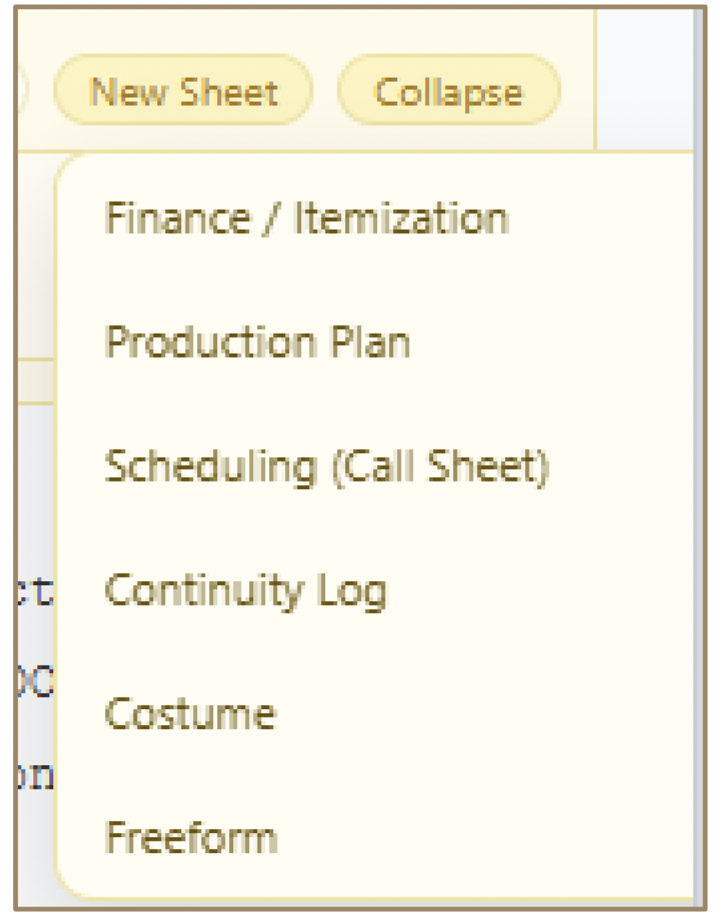 New Sheet button and six sheet type options available